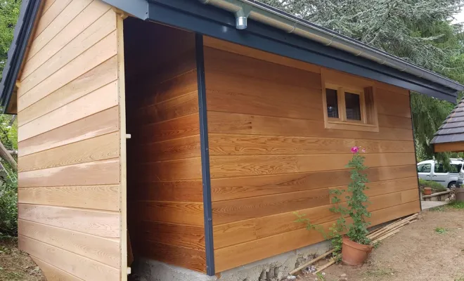  2019 Juin - Chalet de jardin bois haut de gamme à Vimines (Savoie – 73), Chambéry, STRUCTURES BOIS & Compagnie