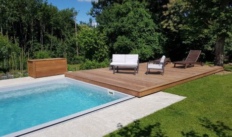 Habillage d'une structure mobile de piscine  + Trappe pool house + coffre de rangement en bois exotique à St Pierre de Chandieu (Rhône - 69)